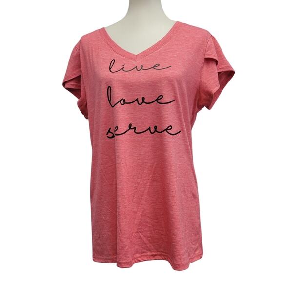 Hand Printed Upcycled Womens Large Live Love Serve V Neck Tee Shirt - Picture 1 of 5